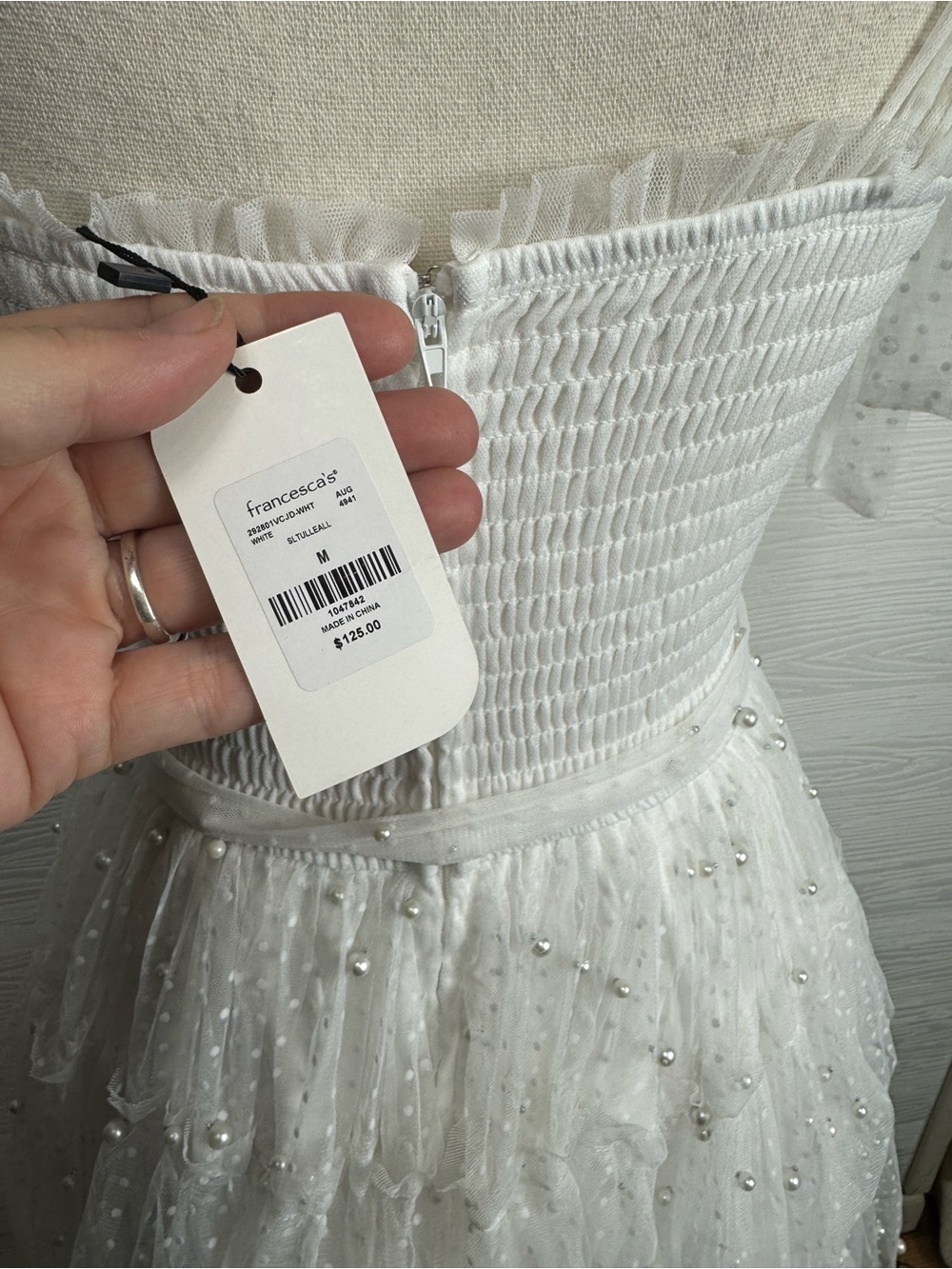 Francesca's Collections White Tie-Shoulder Tulle Pearl Mini Dress Medium - Picture 6 of 7
